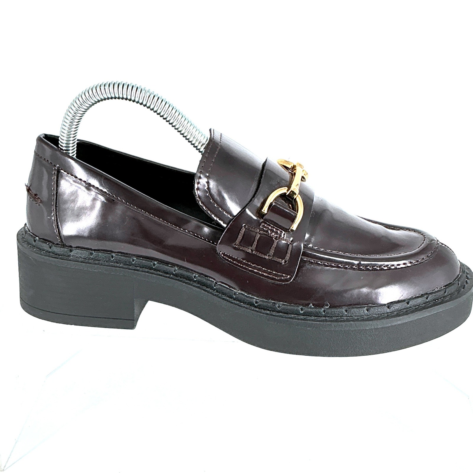 Zara Size 37 Us 6.5 Burgundy Horsebit Platform Loafers Chunky Lug Sole Horse Bit